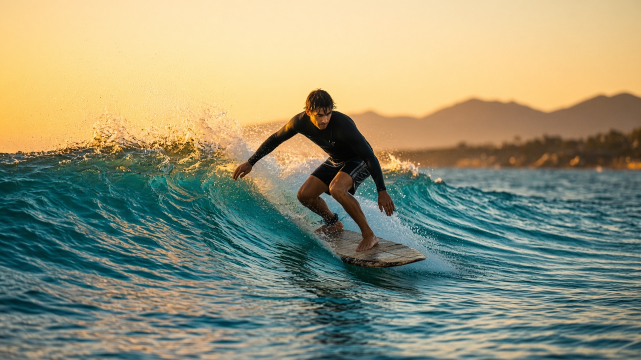 Surfeur sur une vague au golden hour